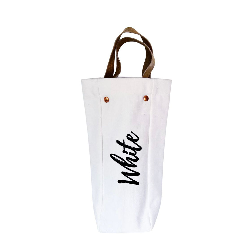 Single wine tote with the word "white" screen printed on the outside and corresponding yellow leather handle.